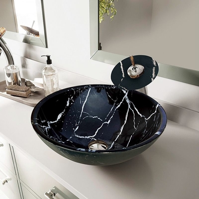 Countertop шара таза 145mm черный стеклянный текстурировал ровное с белыми линиями