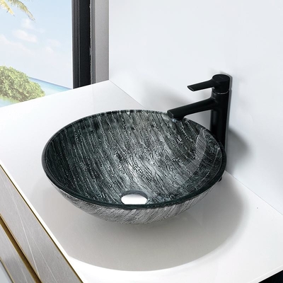 Гравировать круглый чертеж руки раковины Bathroom таза мытья столешницы черный