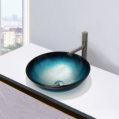 Закаленная Bathroom чистая стеклянного шара таза мытья раковины черного голубого круглого легкая